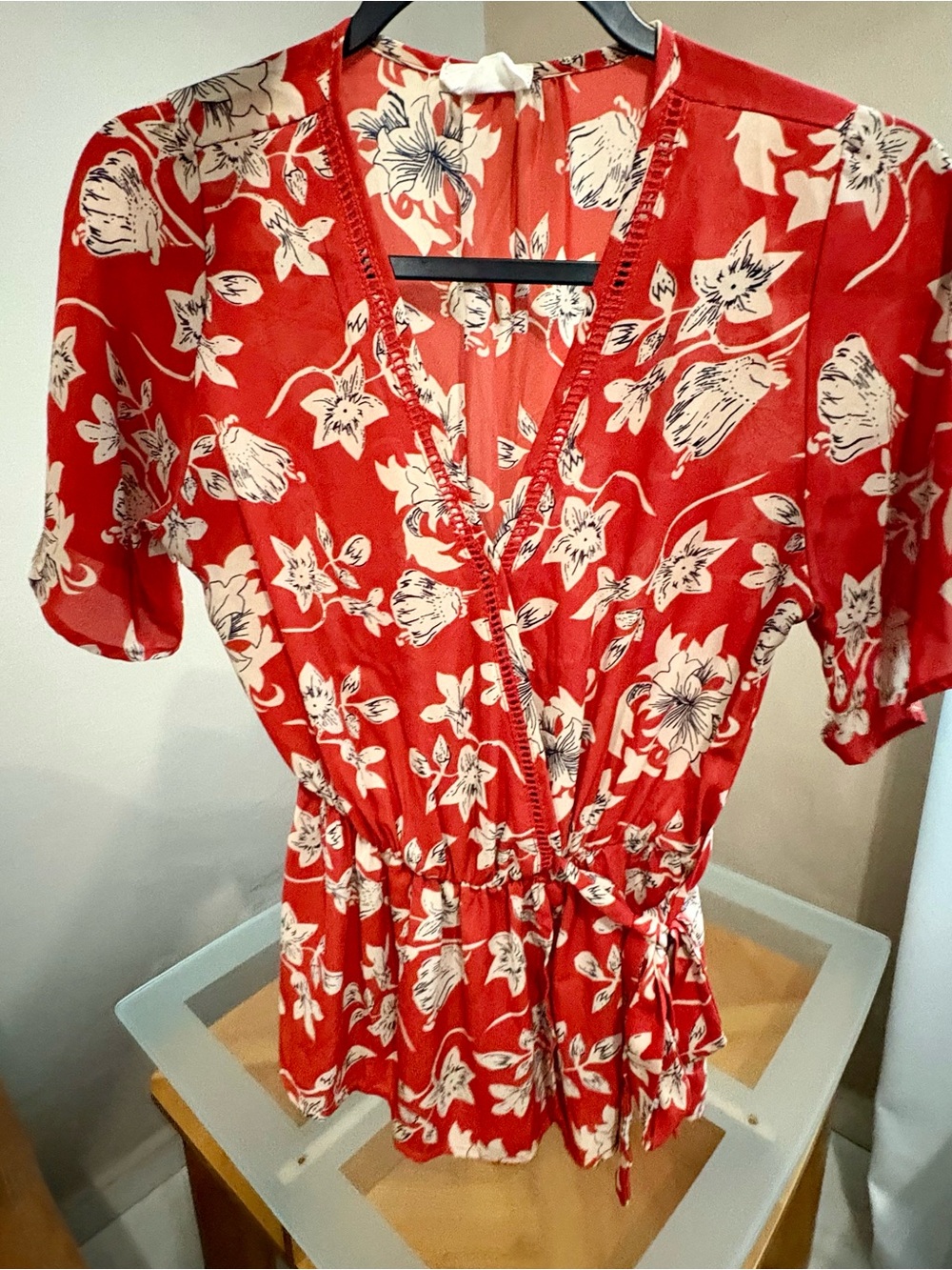 Red Orange Floral Wrap-Style Women’s Top